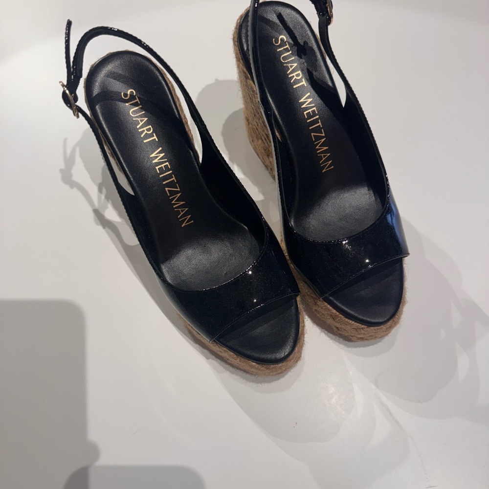 Stuart Weitzman Black Patent Wedge Sandals